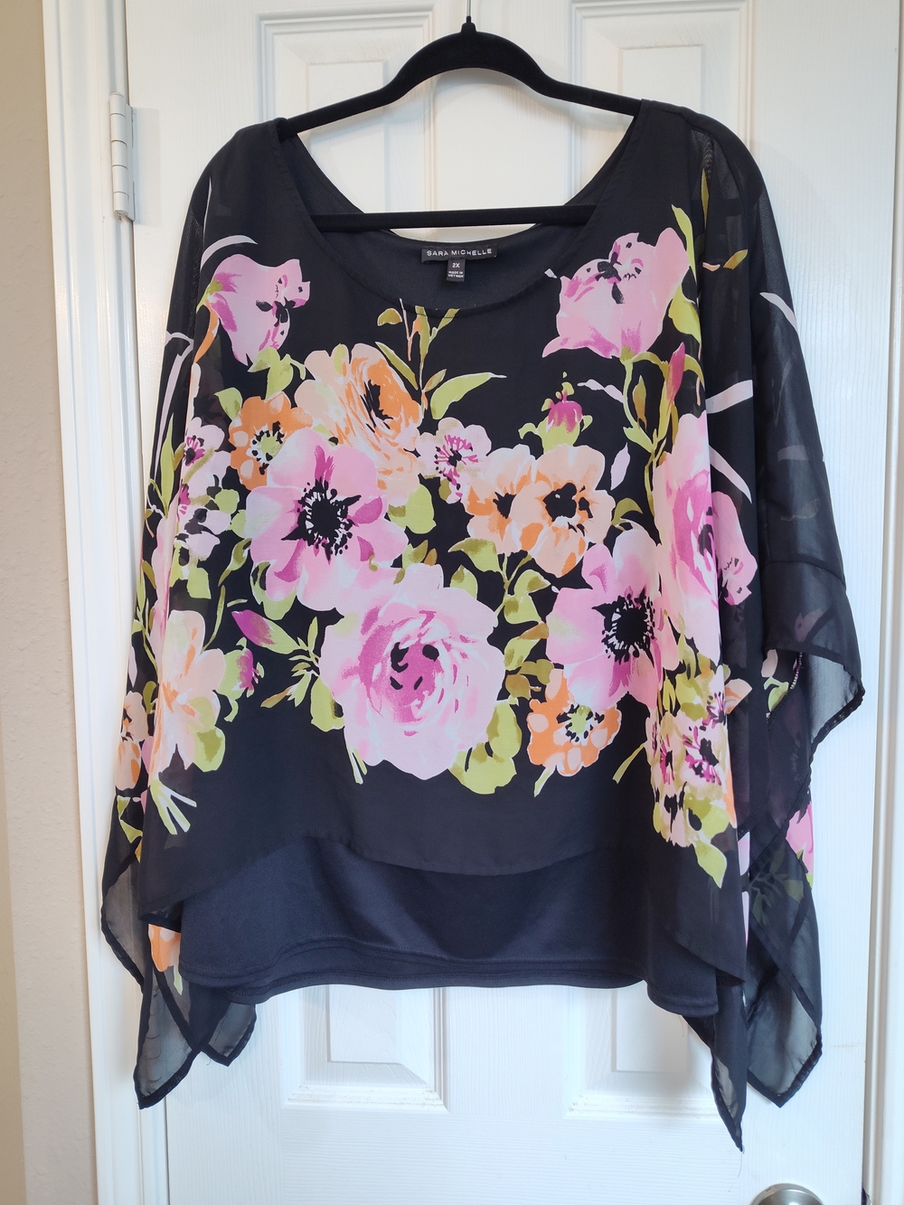 Sara Michelle Black Floral Chiffon Overlay Women’s Top - Pink Floral